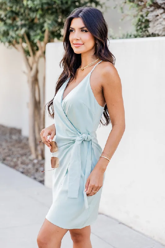 Find Your Passion Sage Satin Wrap Mini Dress FINAL SALE