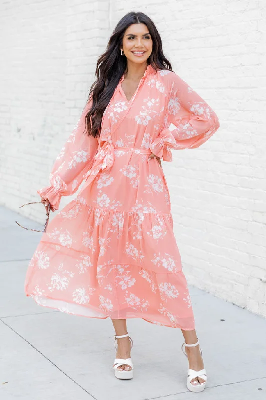 In The Sunshine Coral Floral Notched Neck Midi Dress FINAL SALE