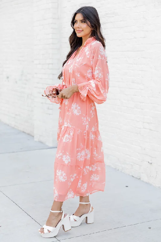 In The Sunshine Coral Floral Notched Neck Midi Dress FINAL SALE