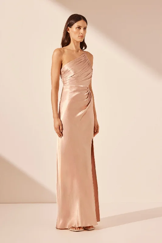 LA LUNE ASYMMETRICAL GATHERED MAXI DRESS - DESERT ROSE