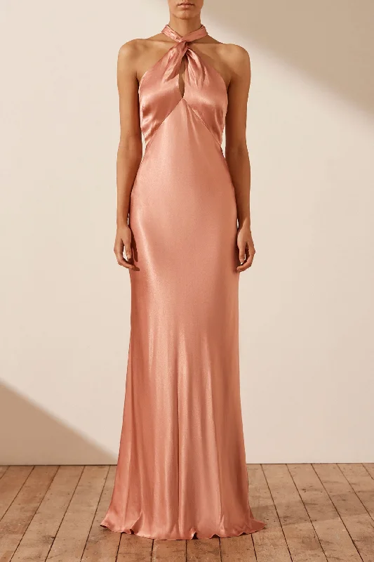 LA LUNE HIGH NECK TWIST MAXI DRESS - ANTIQUE ROSE