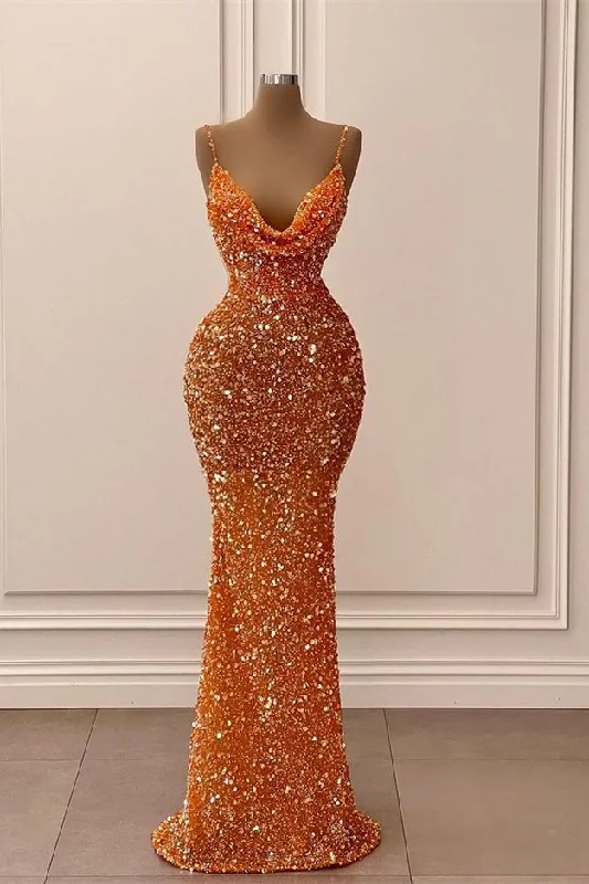 Gorgeous Orange Spaghetti-Straps V-Neck Evening Dress Sequins Mermaid Sleeveless,CD25469