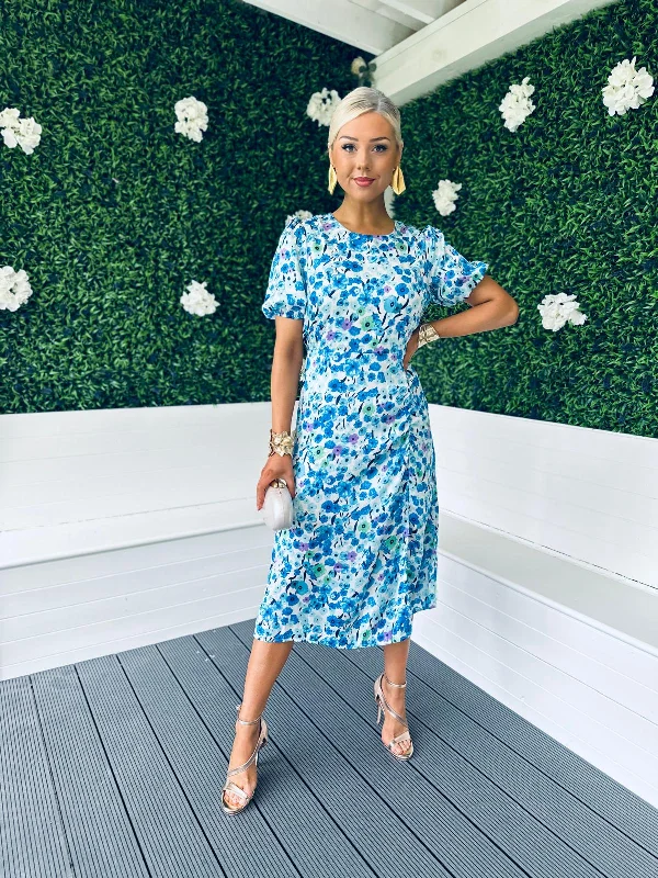 Mia Floral Puff Sleeve Midi Dress Blue