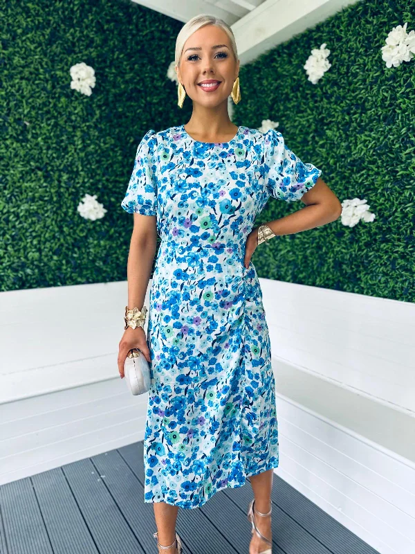 Mia Floral Puff Sleeve Midi Dress Blue