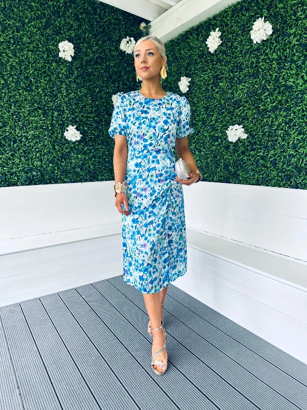 Mia Floral Puff Sleeve Midi Dress Blue