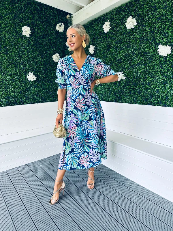 Myra Tropical Print Midi Dress Blue