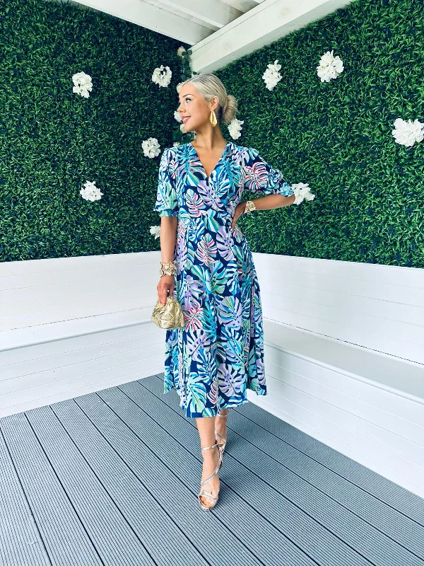 Myra Tropical Print Midi Dress Blue