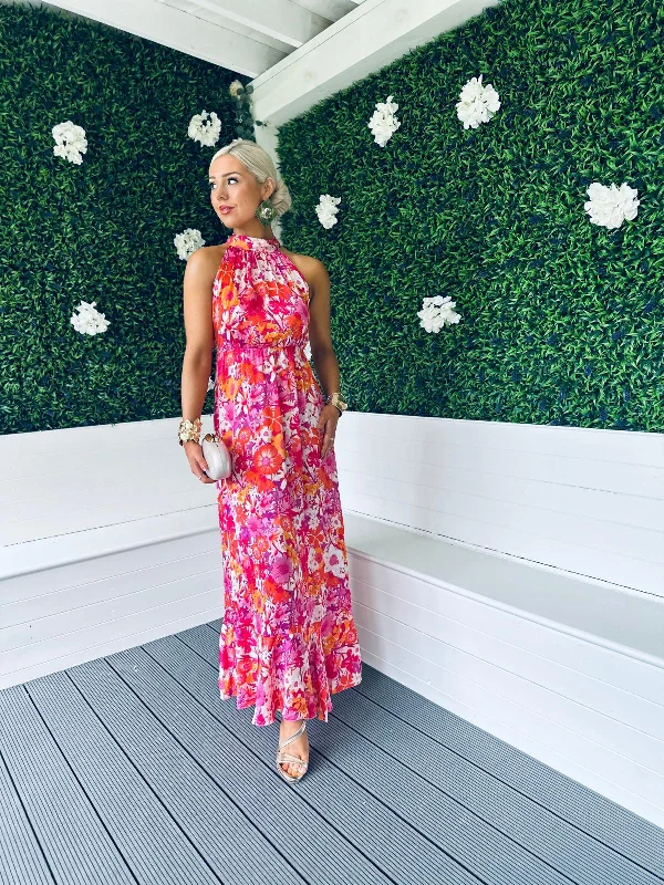 Paloma Pink Floral Tie Neck Maxi Dress