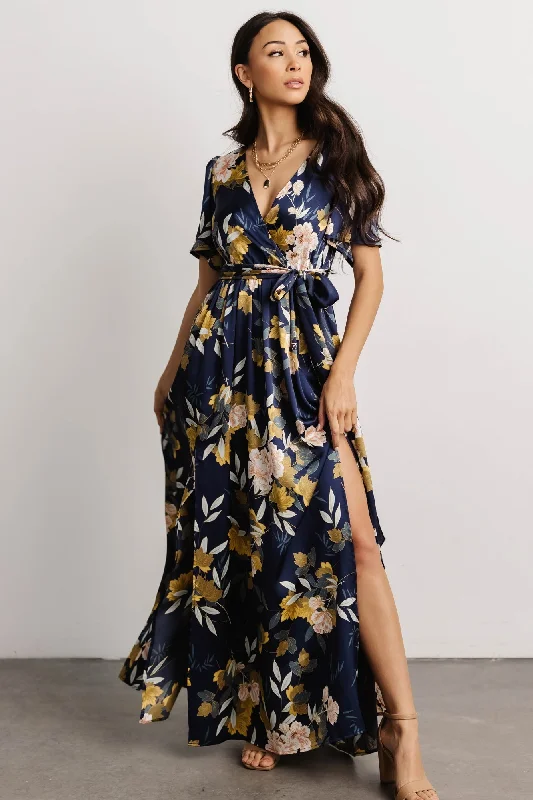 Sicily Satin Maxi Dress | Navy Floral