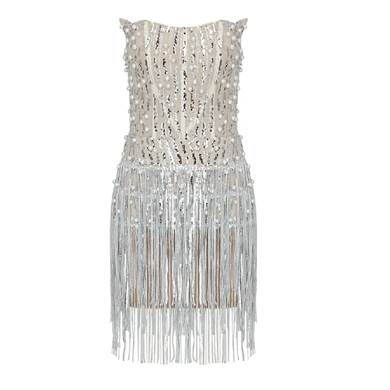 Sparkly Strapless Beaded Rhinestone Fringe Mini Dress - Beige