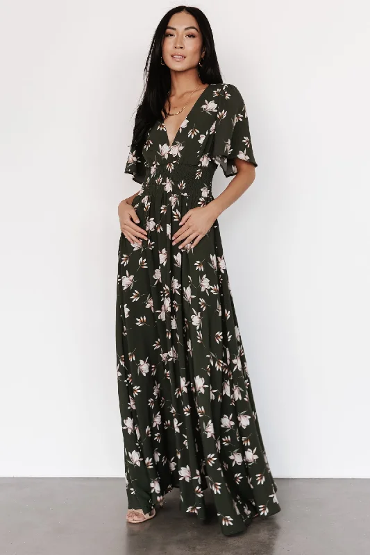 Verona Smocked Maxi Dress | Green + White Floral