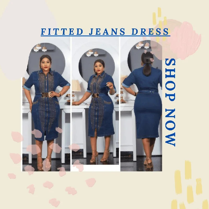 Blue knee length belted jeans dress