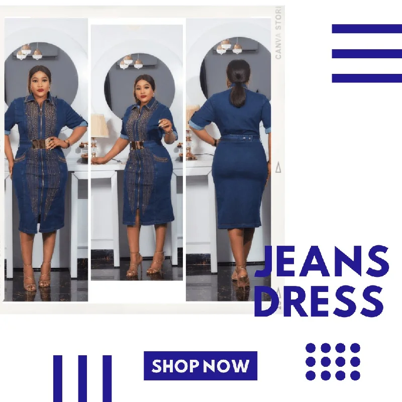 Blue knee length belted jeans dress