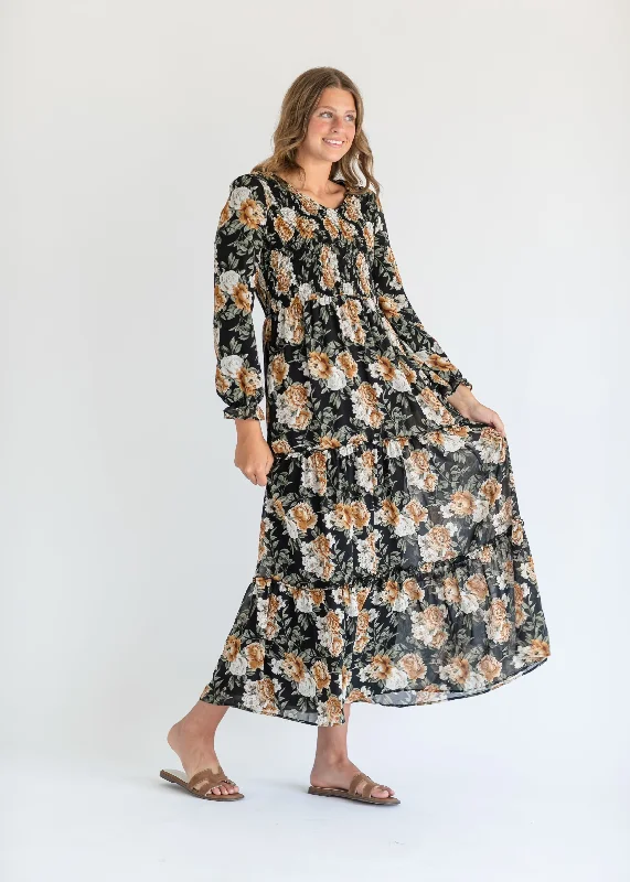 Long Sleeve Black Floral Maxi Dress