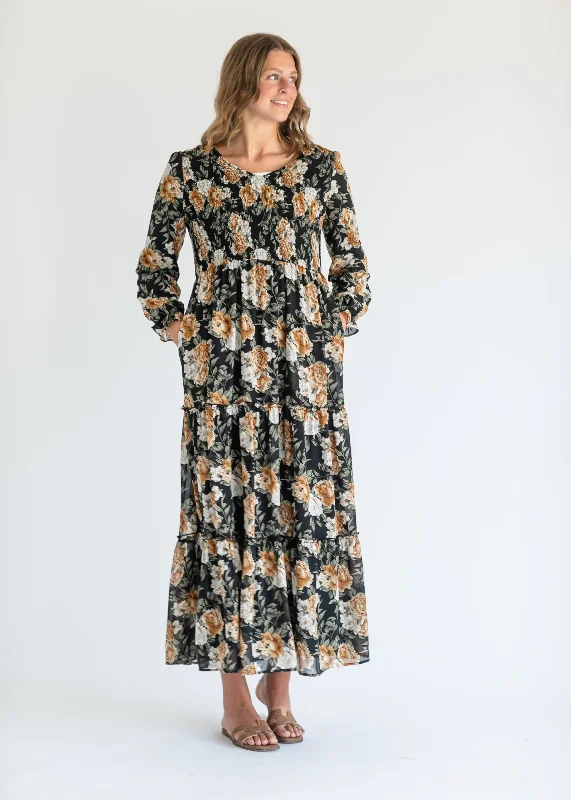 Long Sleeve Black Floral Maxi Dress