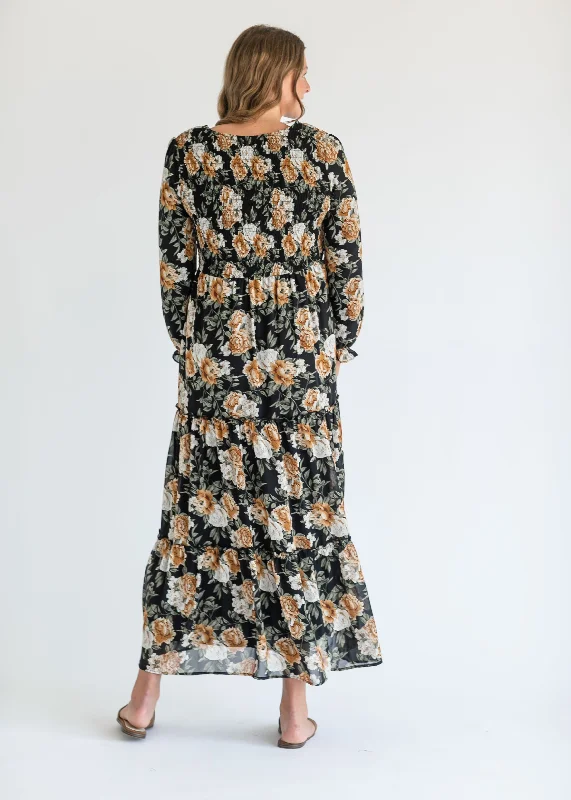 Long Sleeve Black Floral Maxi Dress