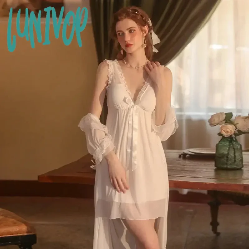 Lunivop Autumn Lace Satin  Night Dress Women Sweet Long Sleeve Sleepwear Two Pieces Winter Robe Sets Fairy Princess Full Sleeve Peignoir