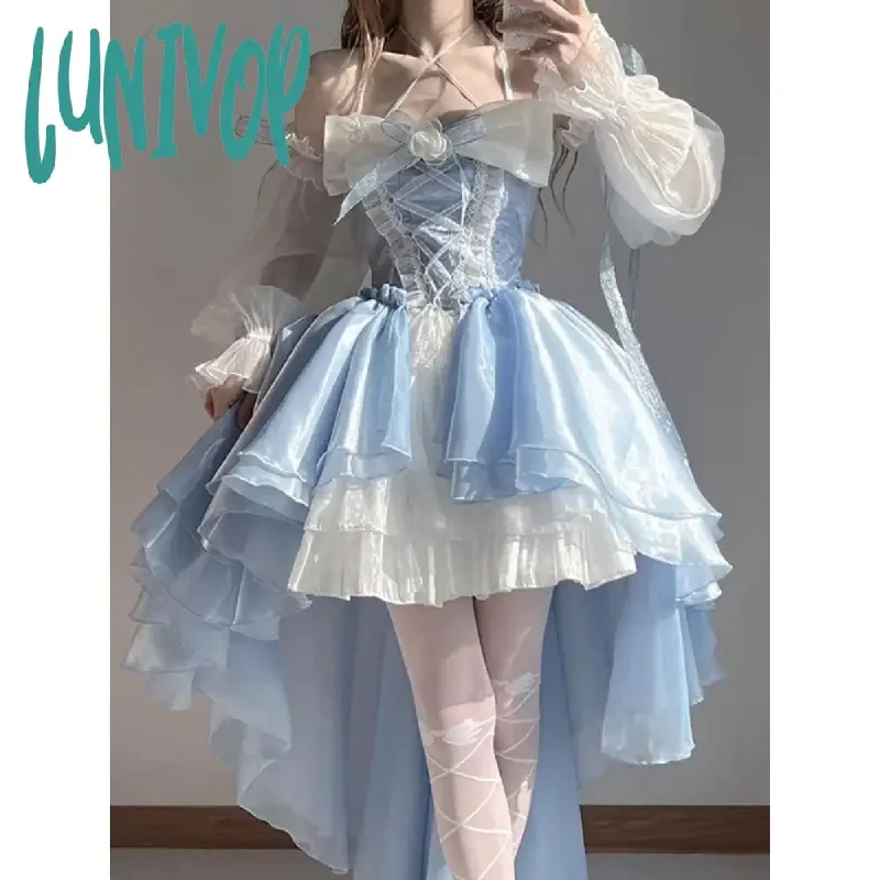 Lunivop Blue elegant dress design short before long flowers marry big bow tail princess dress long sleeve