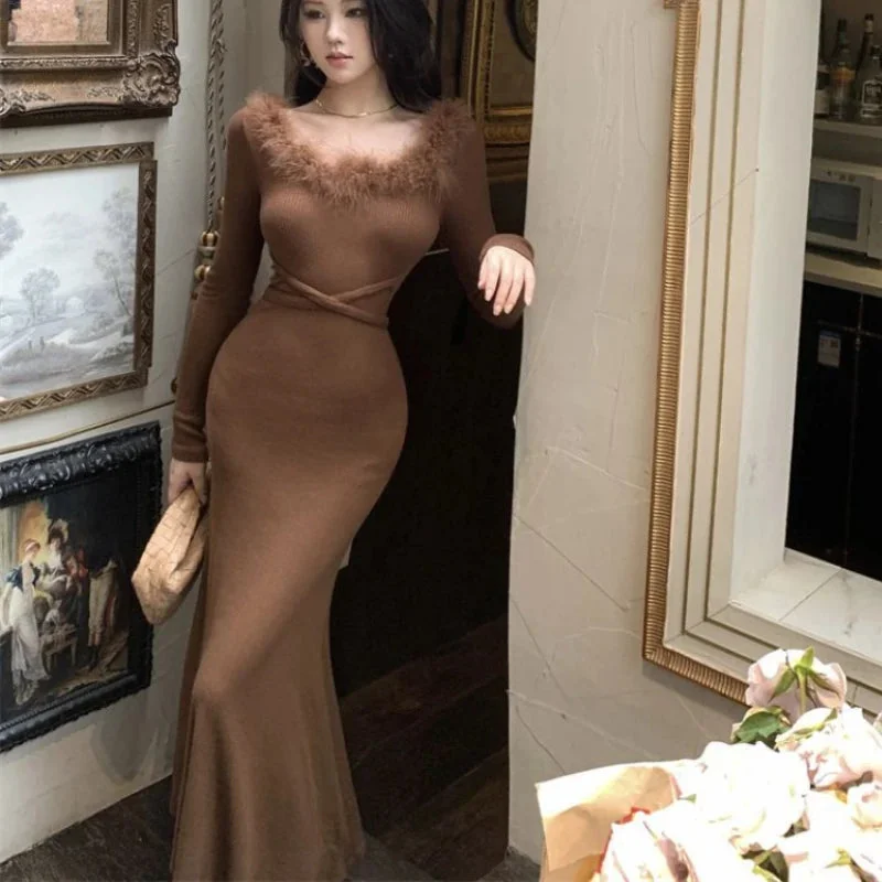 Lunivop Coquette Brown Dress Women Korean Style Mixi Prom Dresses Elegant Vintage Long Sleeve One Piece Evening Vestidos Autumn