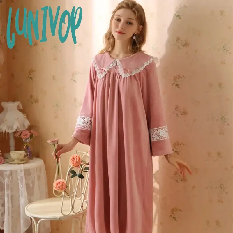 Lunivop Fairy Autumn Winter Velour Nightdress Women Thick Velvet Night Dress Sweet Lace Long Sleeve Vintage Nightgown Princess Sleepwear