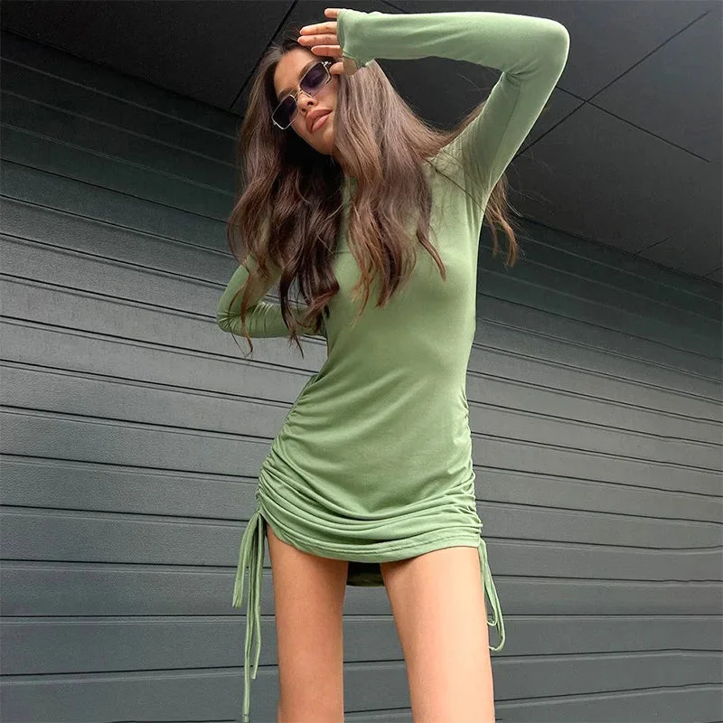 Lunivop Folds Slim Dress For Women Long Sleeve High Waist Bodycon Dresses Women's Sexy Street Casual Lace Up Mini Dress Woman New