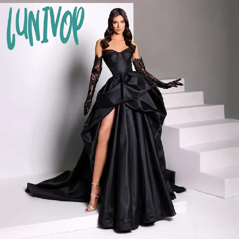 Lunivop Sexy Black Ladies Satin Off Shoulder Prom Dress Side Slit Puff Dress Evening Dress Princess Sexy Cocktail Dress Lace Long Sleeve