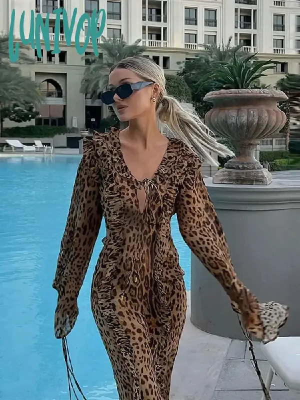 Lunivop Sexy Leopard Print Women Split Maxi Dress Fashion Ruffle V-neck Lace Up Long Sleeve Dresses 2024 Spring Lady Slim Street Robes