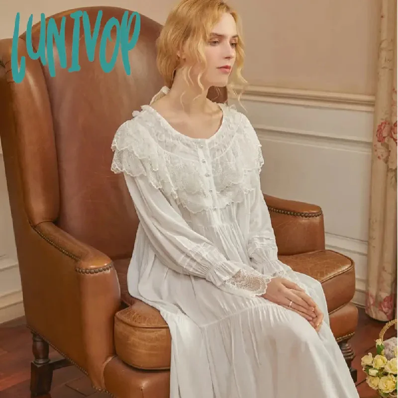 Lunivop Victorian White Night Dress Women Long Sleeve Romantic Vintage Nightgown Retro Princess Sleepwear Large Size Loose Peignoir Robe