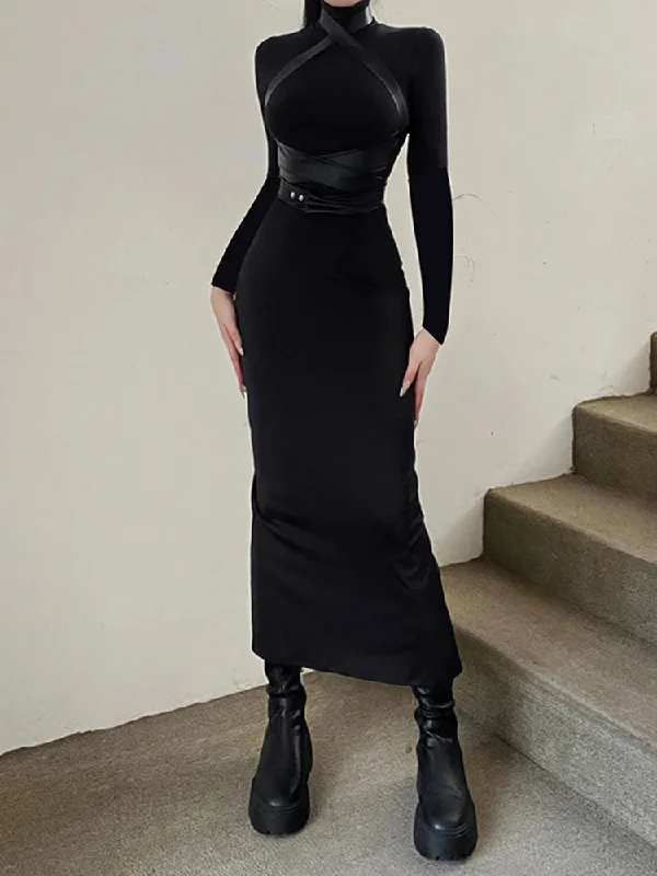 Lunivop Women Autumn Winter Turtleneck Midi Bodycon Dresses Solid Black Long Sleeve Sexy Slim Fit Dress Female