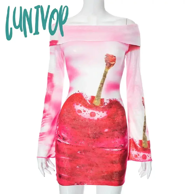 Lunivop Y2k Fruit Print Off Shoulder Long Sleeve Dress Fall Sexy Clothes for Ladies Club Mini Bodycon Dresses