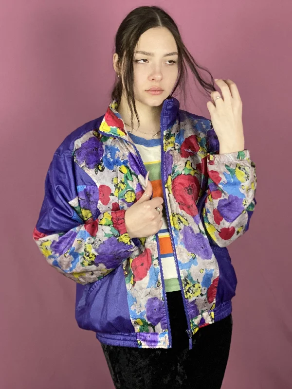 90s Adidas Vintage Women's Floral Windbreaker Jacket - L Purple Nylon