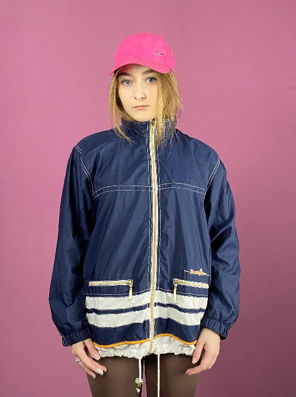 90s Vintage Women's Windbreaker Jacket - L Navy Blue Polyester Blend