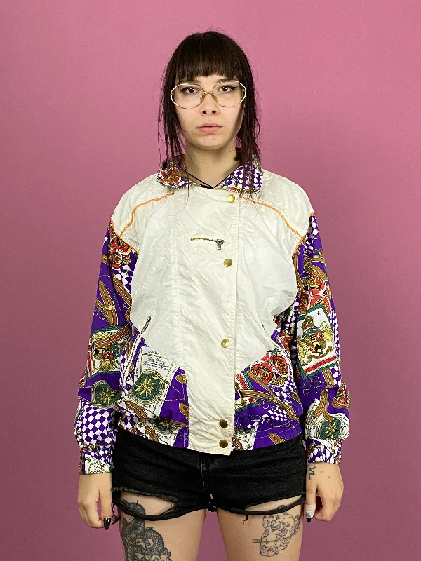 90s Vintage Women's Windbreaker Jacket - M White Nylon