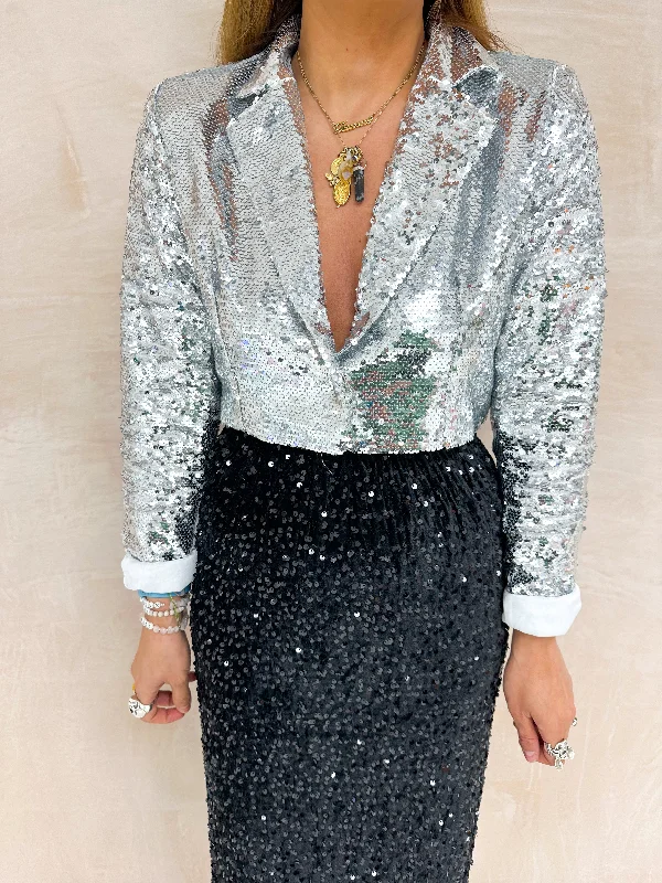 Cropped Sequin Blazer In Silver