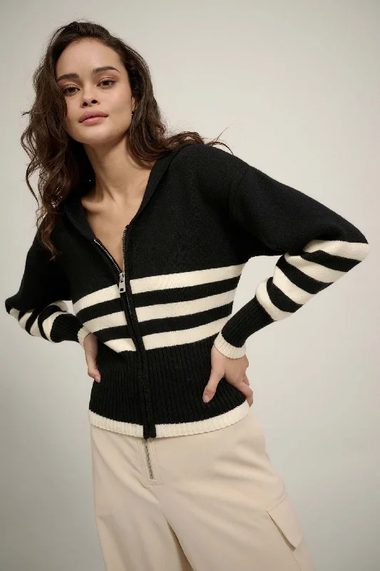 Below Deck Striped Sailor-Collar Zip-Up Cardigan