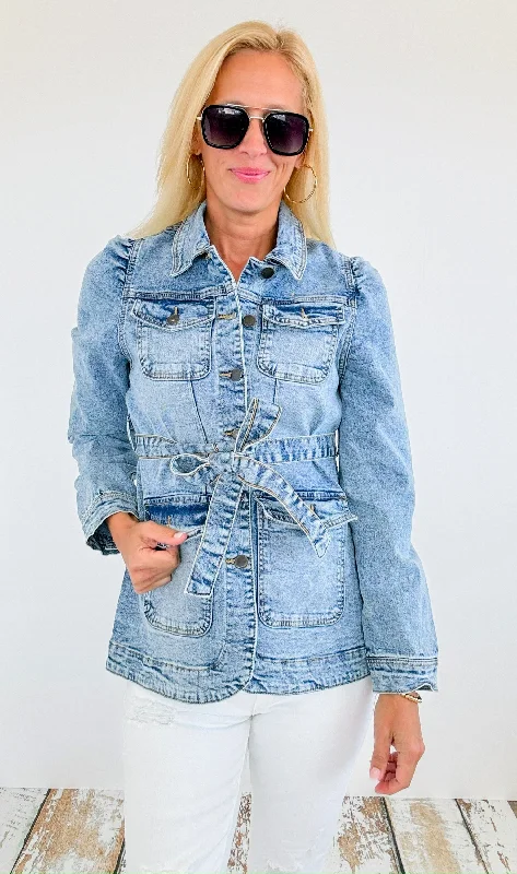 Belted Solid Denim Jacket