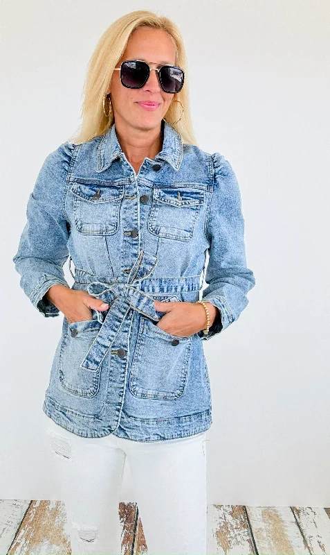 Belted Solid Denim Jacket