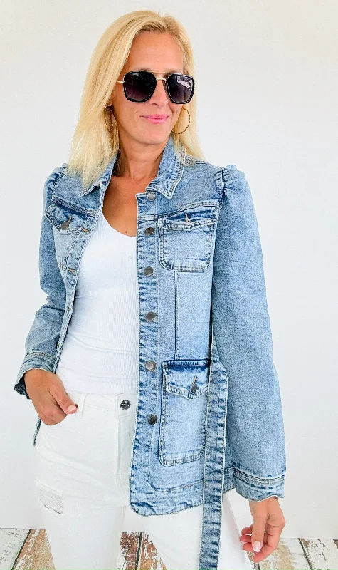 Belted Solid Denim Jacket