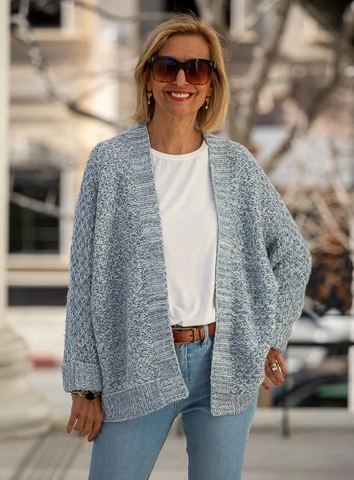 Blue Ivory Melange Yarn Textured Cardigan