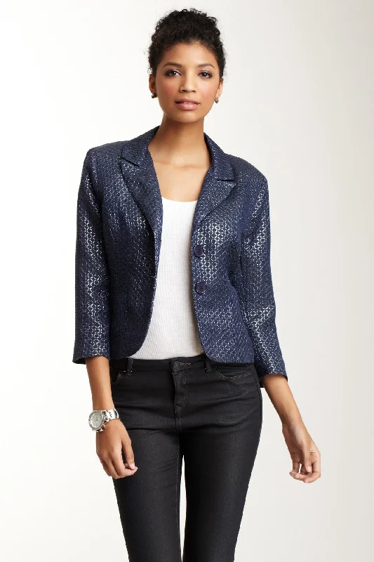 Brocade Cropped Blazer - Navy Lurex