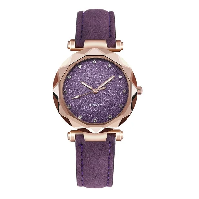 Casual Women Romantic Starry Sky Wrist Watch Leather Rhinestone Designer