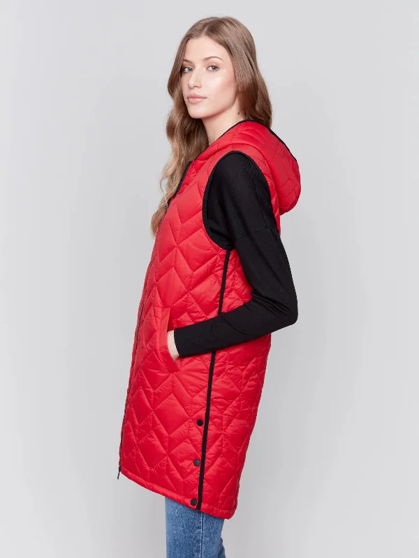 Charlie B Hooded Long Sleeveless Quilted Vest - C6323 - 388B