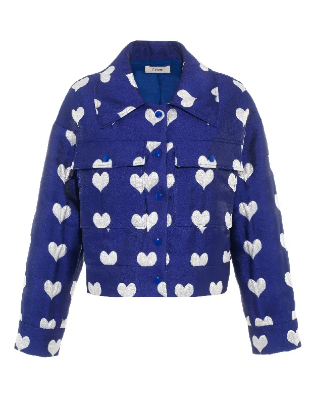 Dylan Blue Heart Print Silk Jacquard Cropped  Jacket