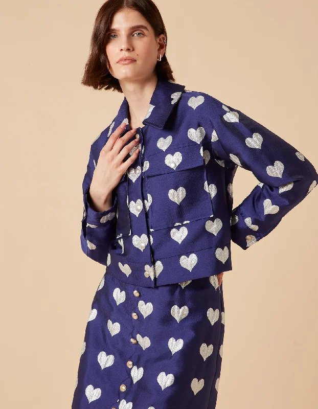 Dylan Blue Heart Print Silk Jacquard Cropped  Jacket