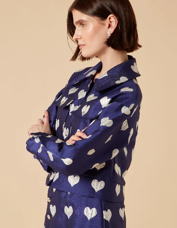 Dylan Blue Heart Print Silk Jacquard Cropped  Jacket