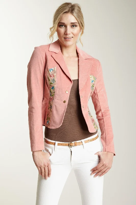 Embroidered Stretch Velveteen Cropped Jacket - Blush