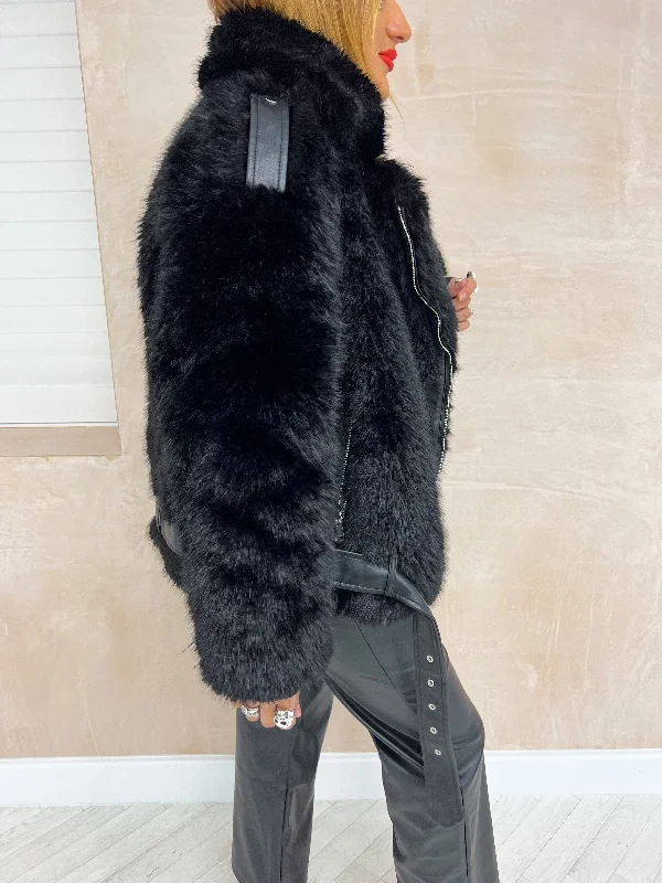 Faux Fur Biker Style Jacket In Black