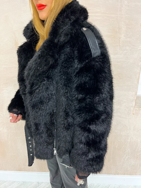 Faux Fur Biker Style Jacket In Black