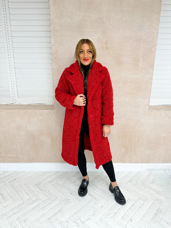 Fluffy Midi Length Teddy Coat In Red