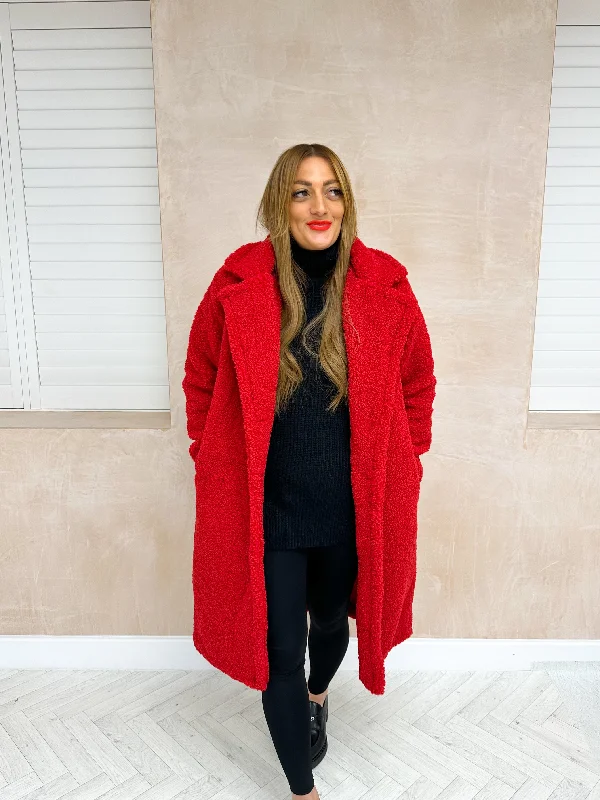 Fluffy Midi Length Teddy Coat In Red